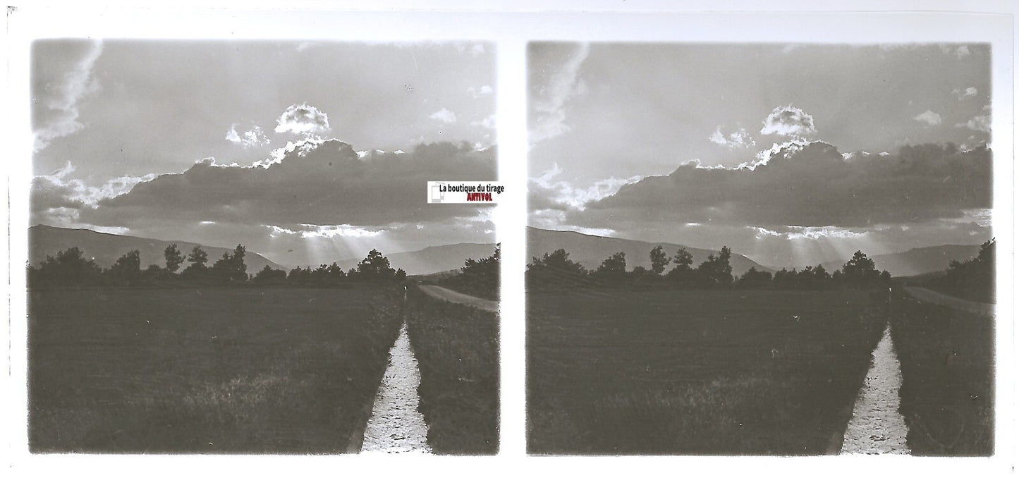 Paysage, soleil, Plaque verre photo stéréoscopique, positif noir & blanc 6x13 cm