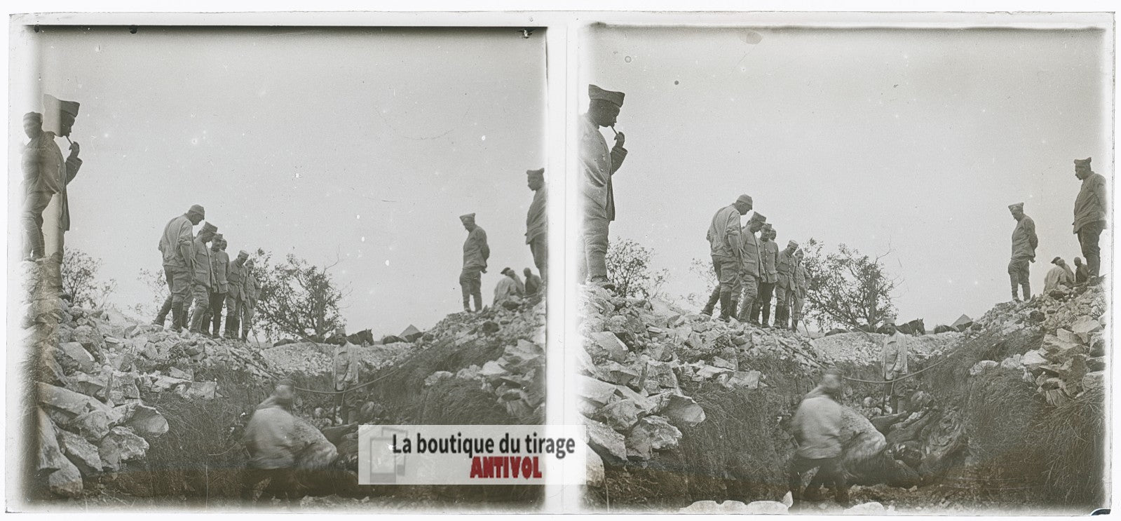Tranchée effondrée, cheval, WW1, plaque verre photo ancienne stéréo 6x13 cm