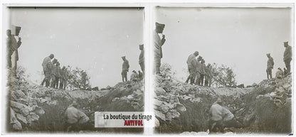 Tranchée effondrée, cheval, WW1, plaque verre photo ancienne stéréo 6x13 cm