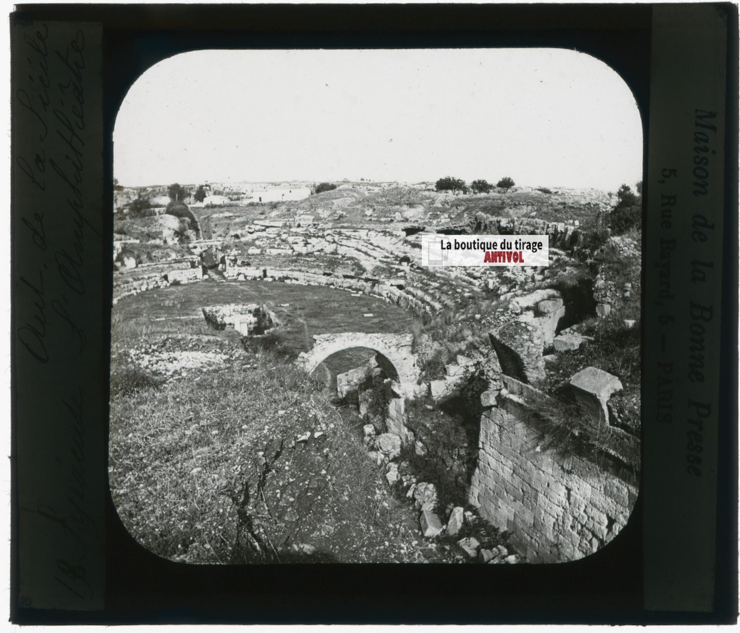 Amphithéâtre de Syracuse, photo plaque verre, noir & blanc, positif 8,5x10 cm