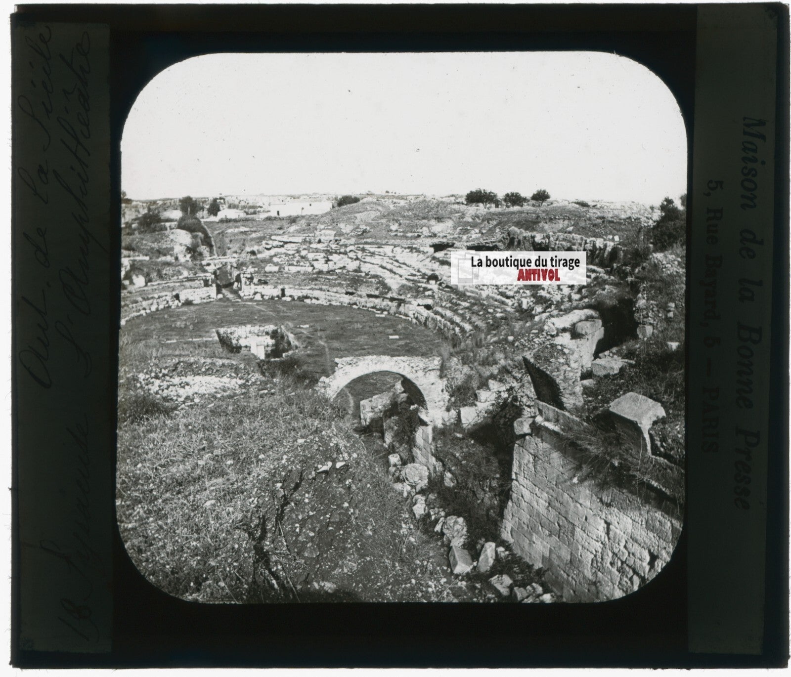 Amphithéâtre de Syracuse, photo plaque verre, noir & blanc, positif 8,5x10 cm