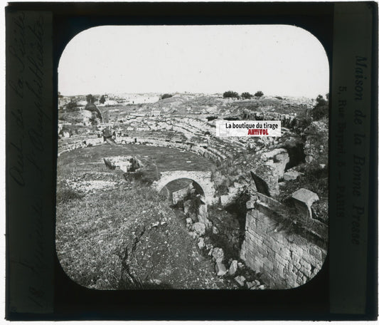 Amphithéâtre de Syracuse, photo plaque verre, noir & blanc, positif 8,5x10 cm