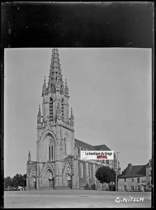 Église Mordelles, Plaque verre photo ancienne, négatif noir & blanc 9x12 cm