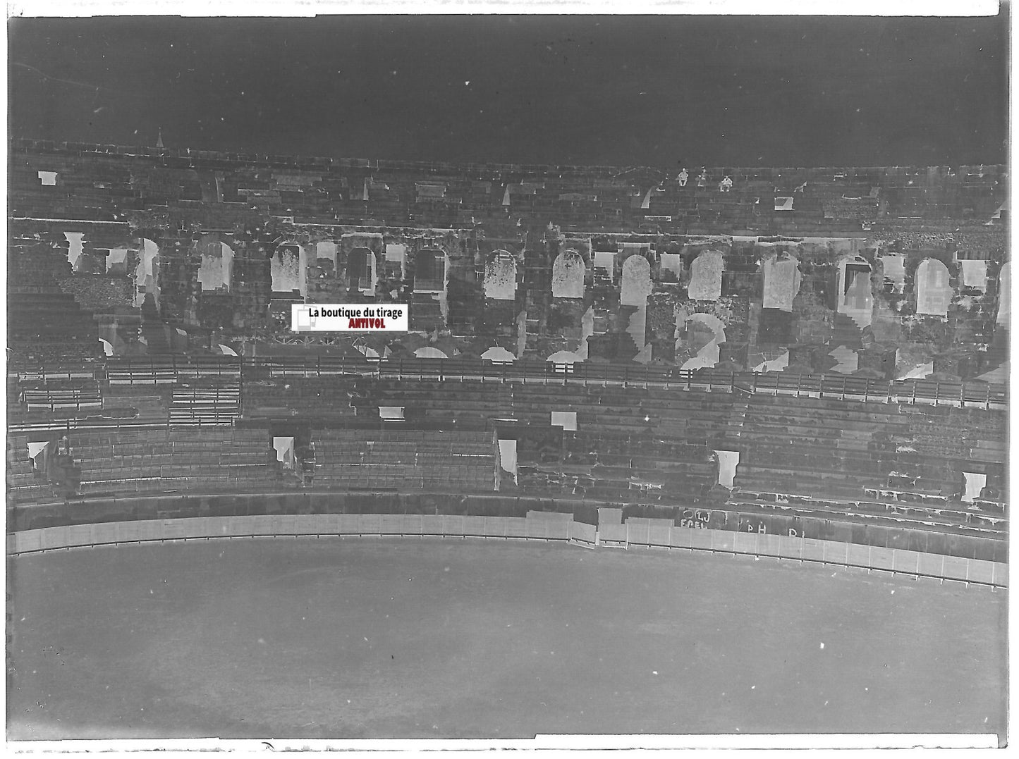 Arènes de Nîmes, Plaque verre photo ancienne, négatif noir & blanc 9x12 cm