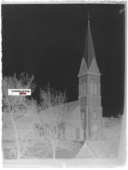 Ettendorf église Alsace, Plaque verre photo, négatif ancien noir & blanc 9x12 cm