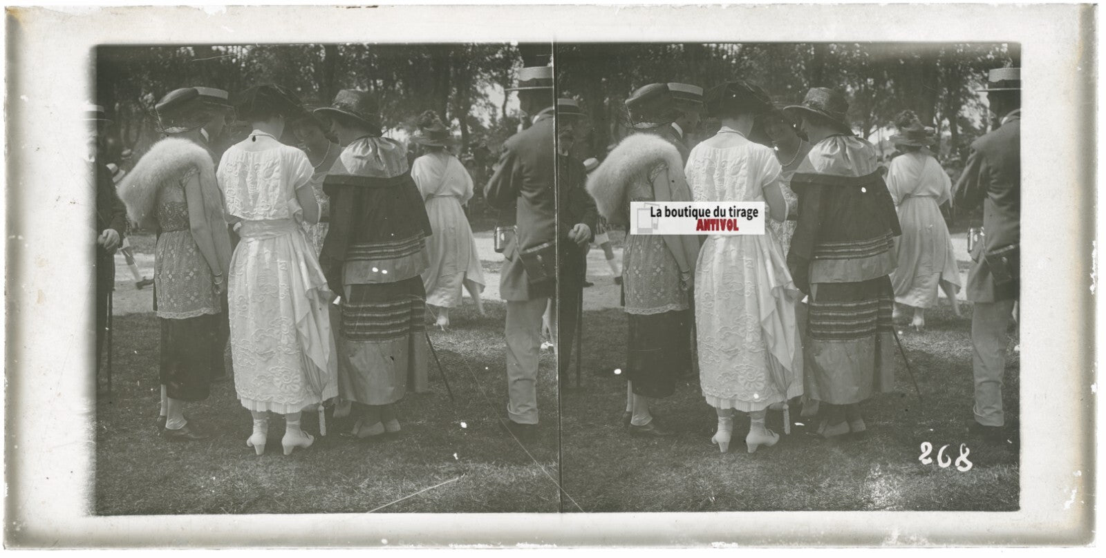 Scène de vie, Longchamp, Paris, plaque verre stéréoscopique, positif 8,5x17 cm