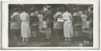 Scène de vie, Longchamp, Paris, plaque verre stéréoscopique, positif 8,5x17 cm