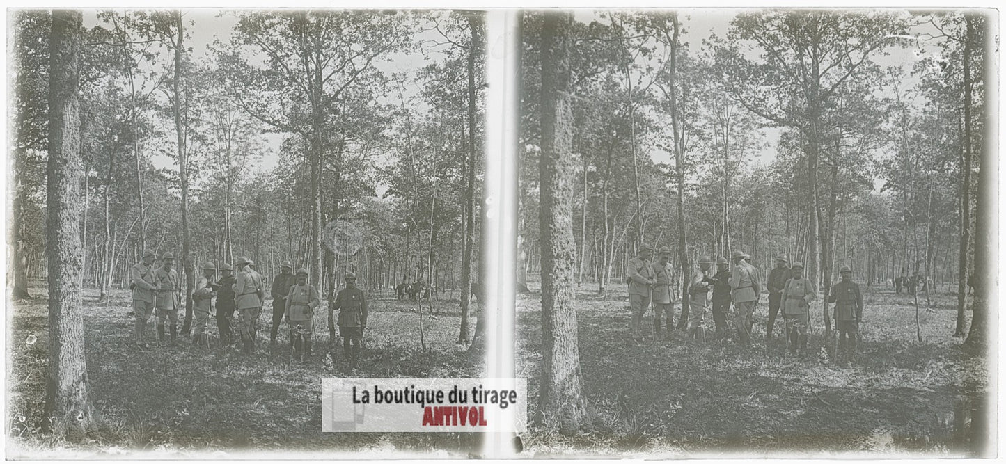 Groupe d’officiers français, WW1, plaque verre photo ancienne stéréo 6x13 cm