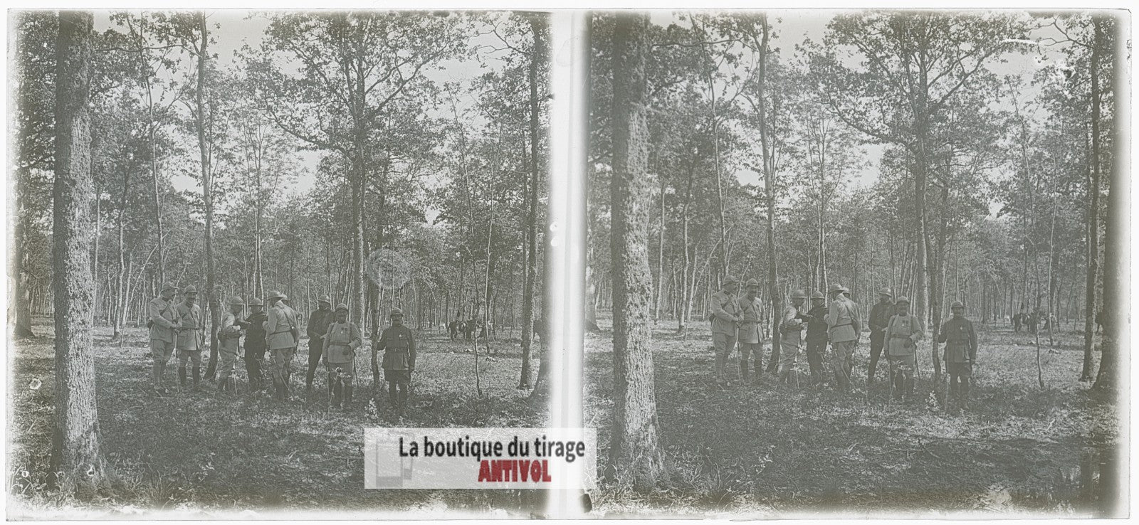 Groupe d’officiers français, WW1, plaque verre photo ancienne stéréo 6x13 cm