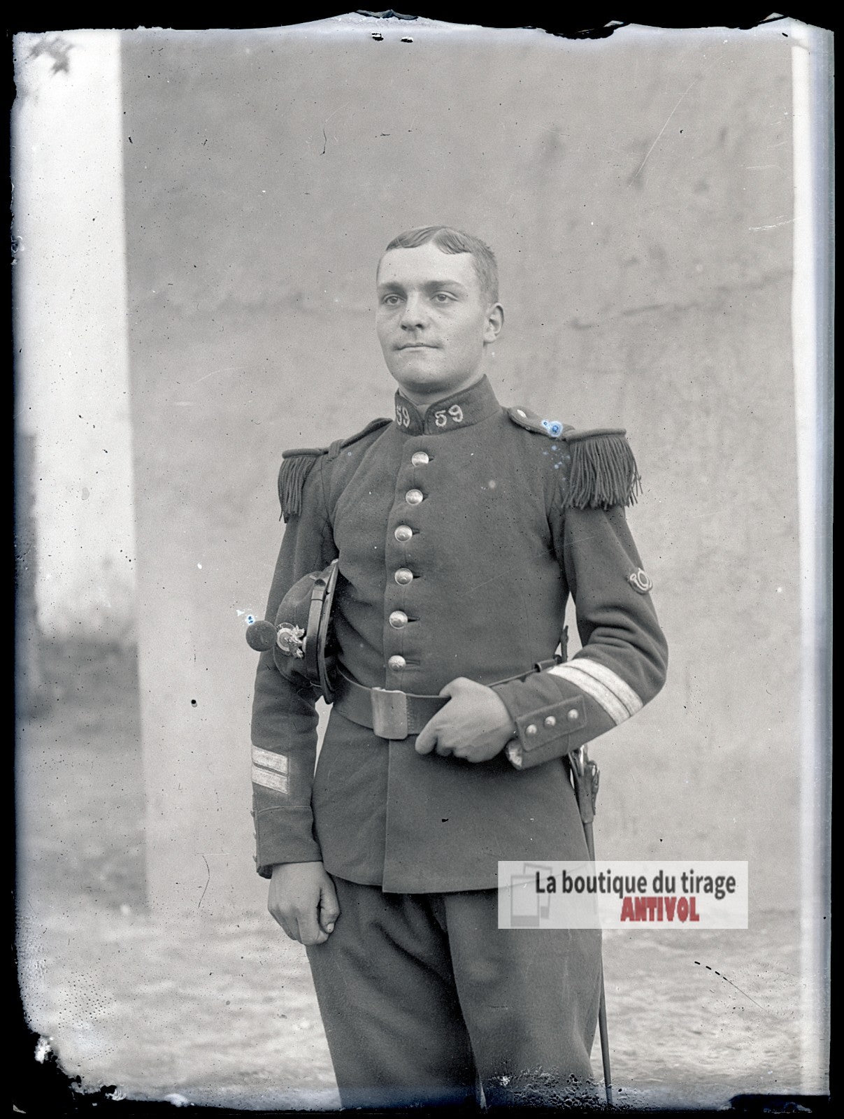 Portrait soldat, 59ᵉ régiment, plaque verre photo ancienne, négatif 9x12 cm