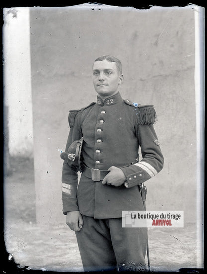 Portrait soldat, 59ᵉ régiment, plaque verre photo ancienne, négatif 9x12 cm