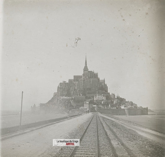 Mont-Saint-Michel, voie ferrée, plaque verre stéréo, photo ancienne 4,5x10,7 cm