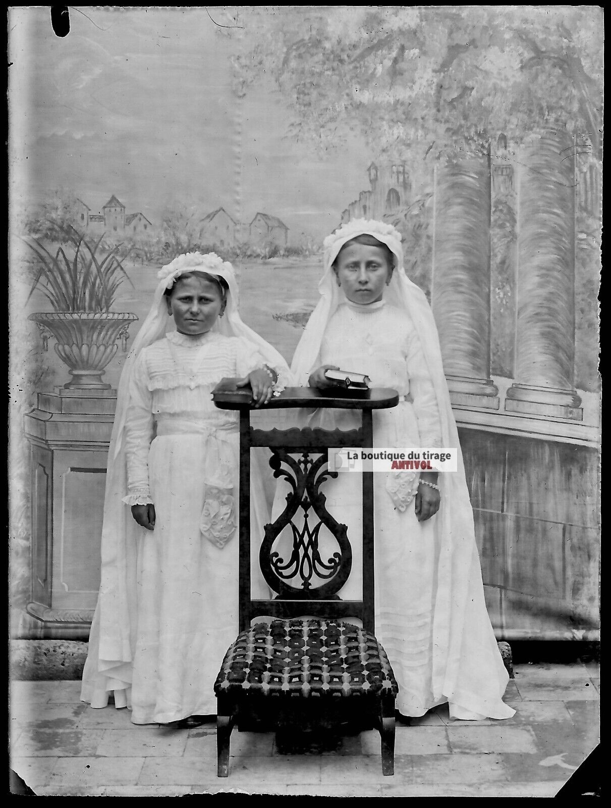 Plaque verre photo ancienne négatif noir et blanc 9x12 cm communion filles