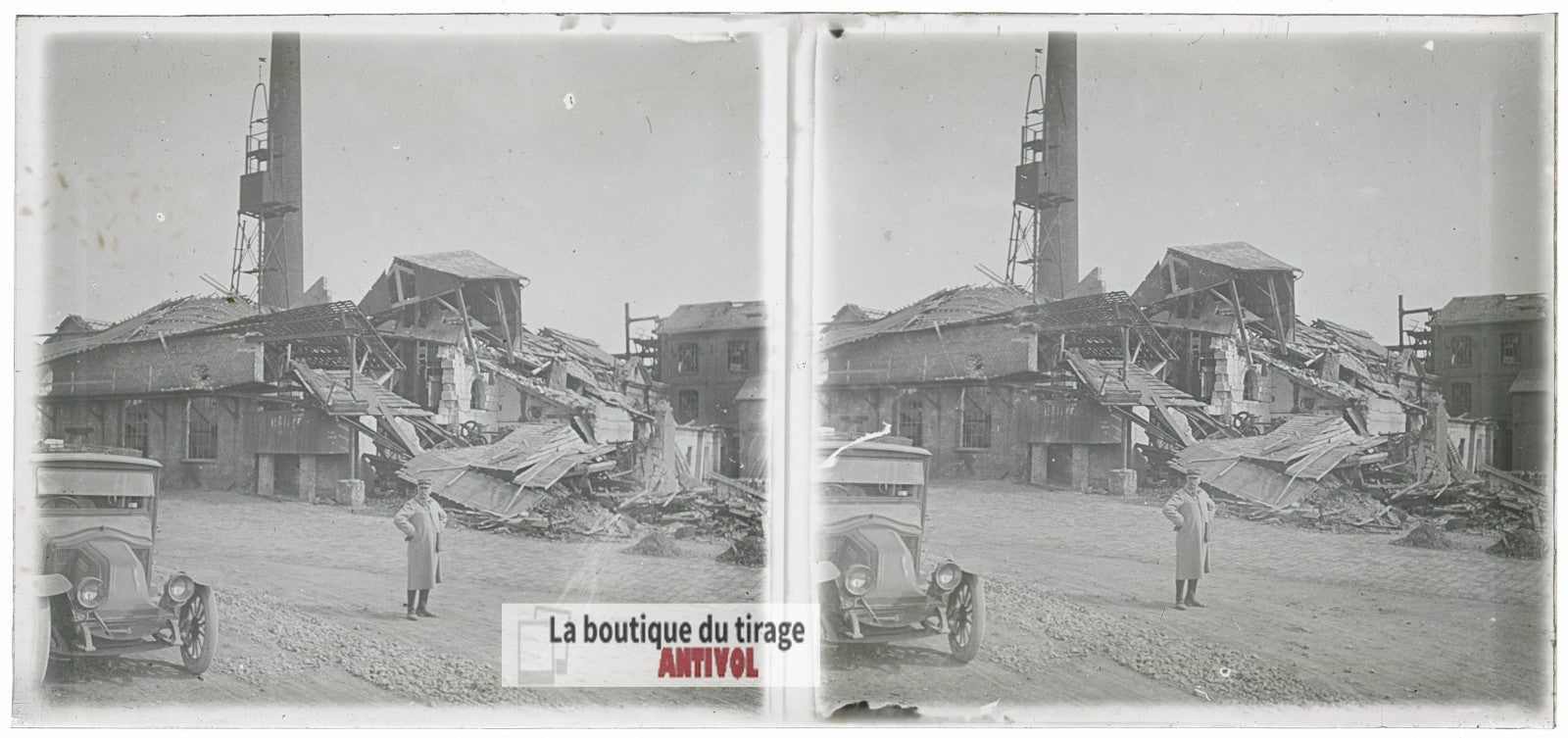 Officier français, voiture, WW1, plaque verre photo ancienne stéréo 6x13 cm