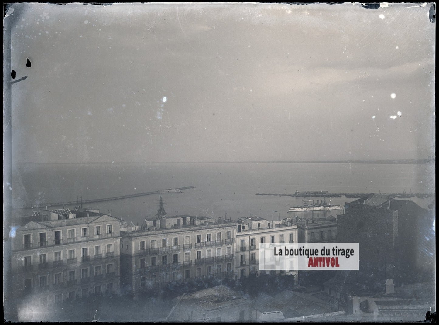 Port méditerranéen, plaque verre photo ancienne, négatif 9x12 cm