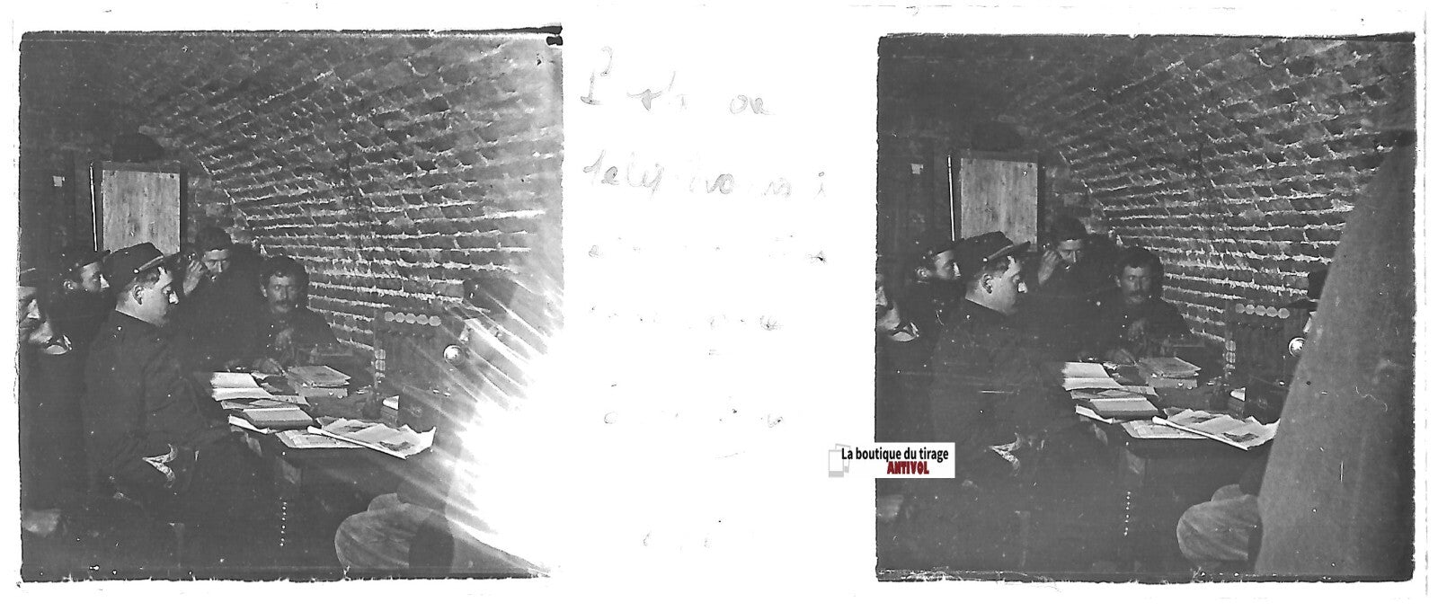 Bouchoir soldats, Plaque verre stéréo, positif ancien noir & blanc 4,5x10,7 cm