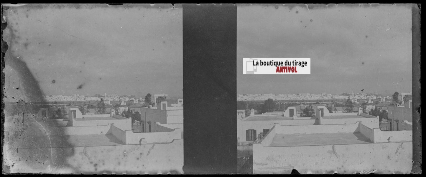 Ville Maghreb, Plaque verre stéréoscopie, négatif noir & blanc 4,5x10,7 cm