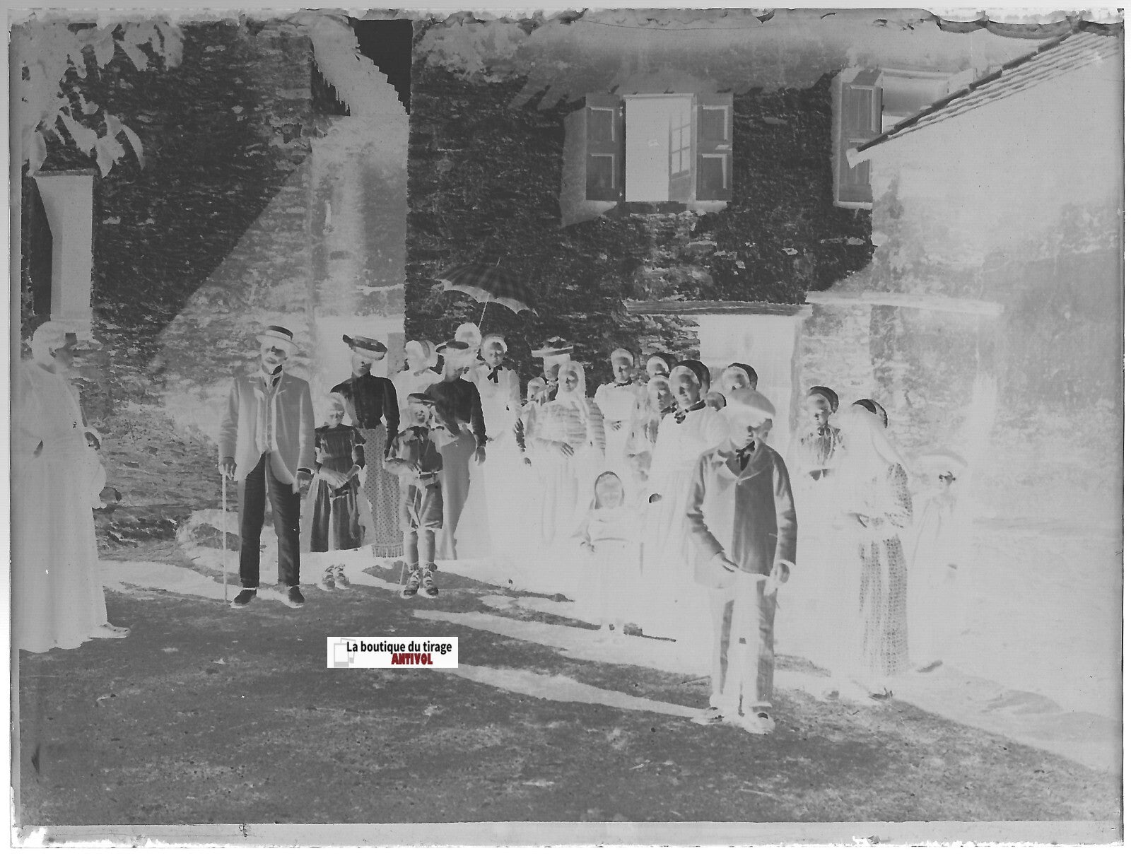 Groupe de personnes, Plaque verre photo négatif noir & blanc 9x12 cm France