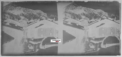 Montagne, village, Plaque verre photo stéréo, négatif noir & blanc 6x13 cm