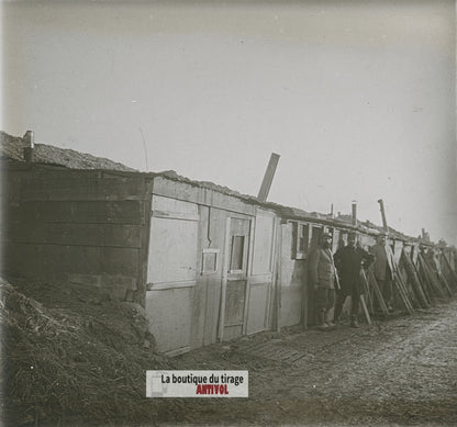 Abri de tranchée, guerre WW1, plaque verre photo ancienne stéréo 6x13 cm