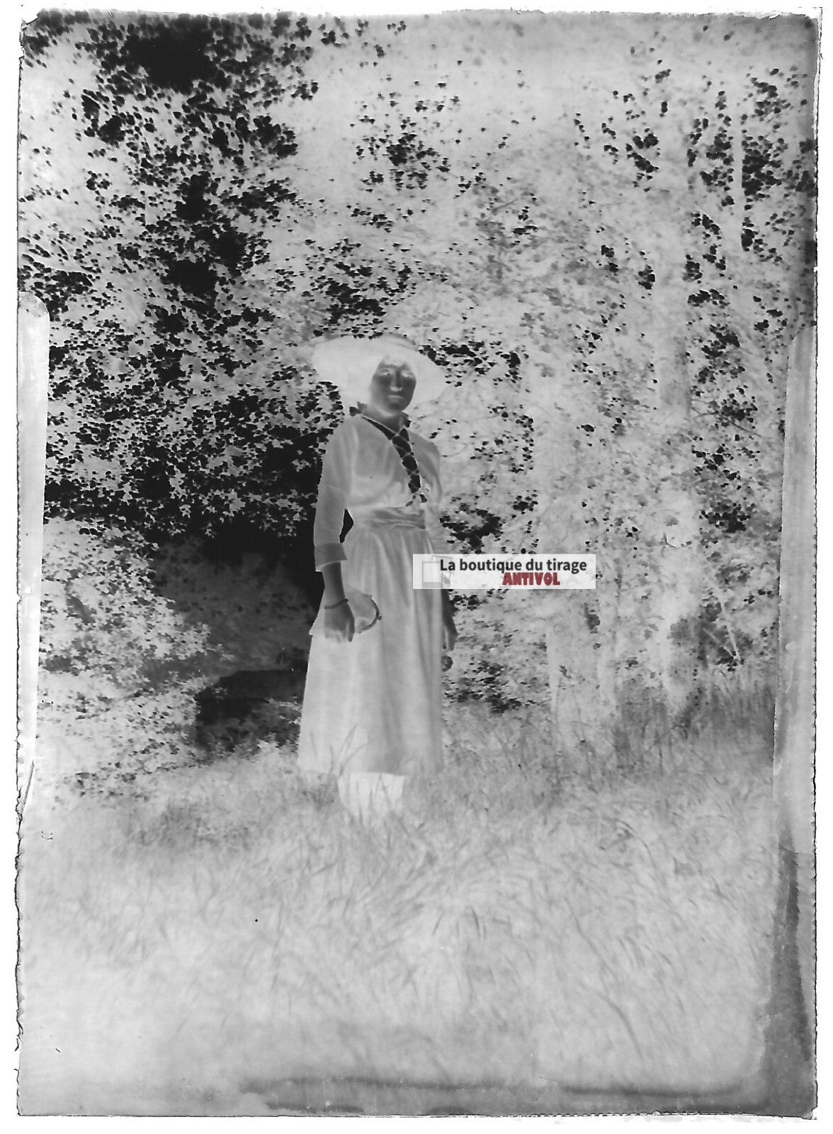 Plaque verre photo ancienne négatif noir et blanc 6x9 cm femme chapeau nature 