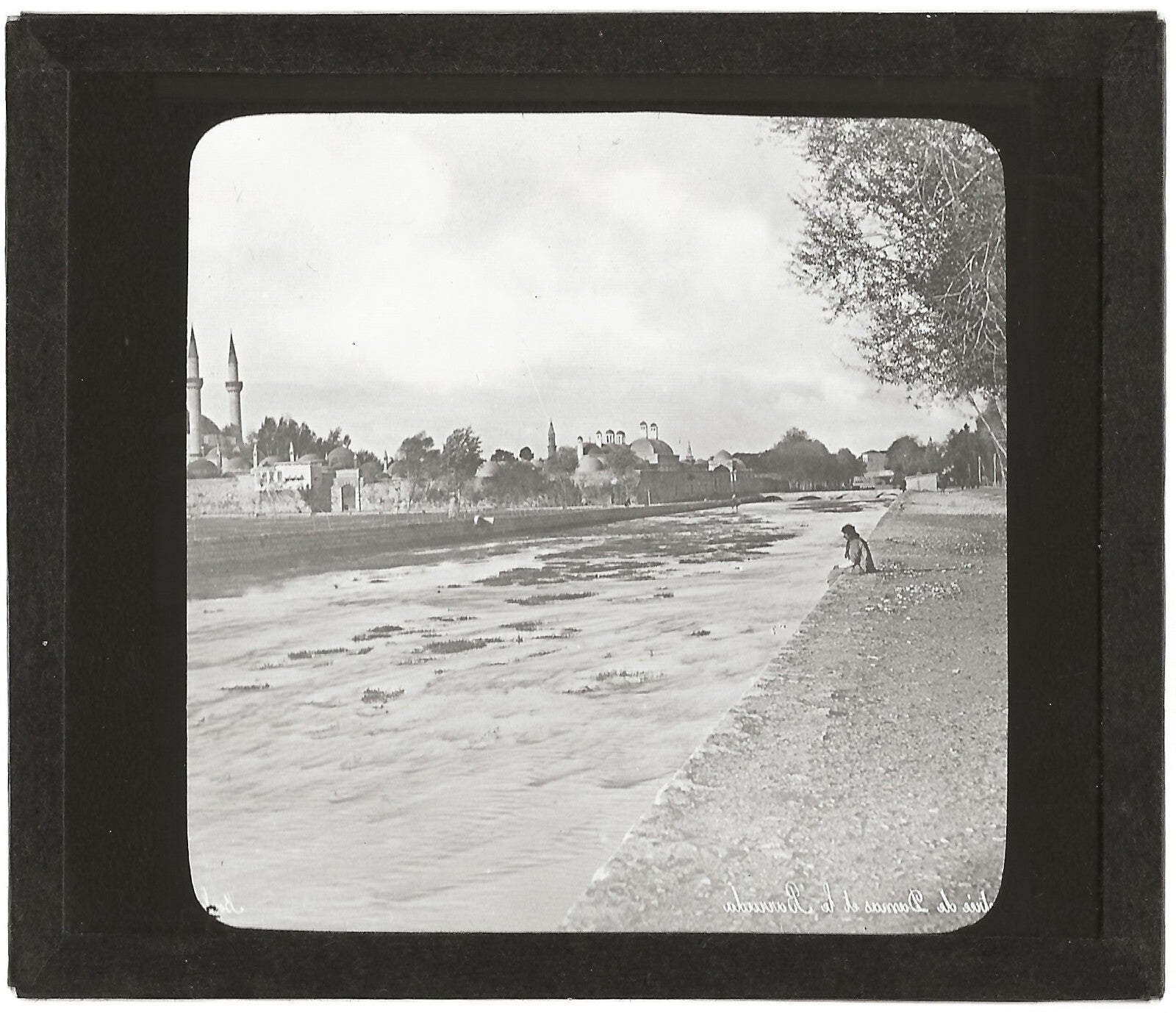 Entrée de Damas, Le Barada, photo ancienne plaque de verre, positif 8,5x10 cm