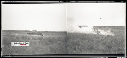Camp du Ruchard, char, plaque verre, photo ancienne, négatif N&B 6x13 cm