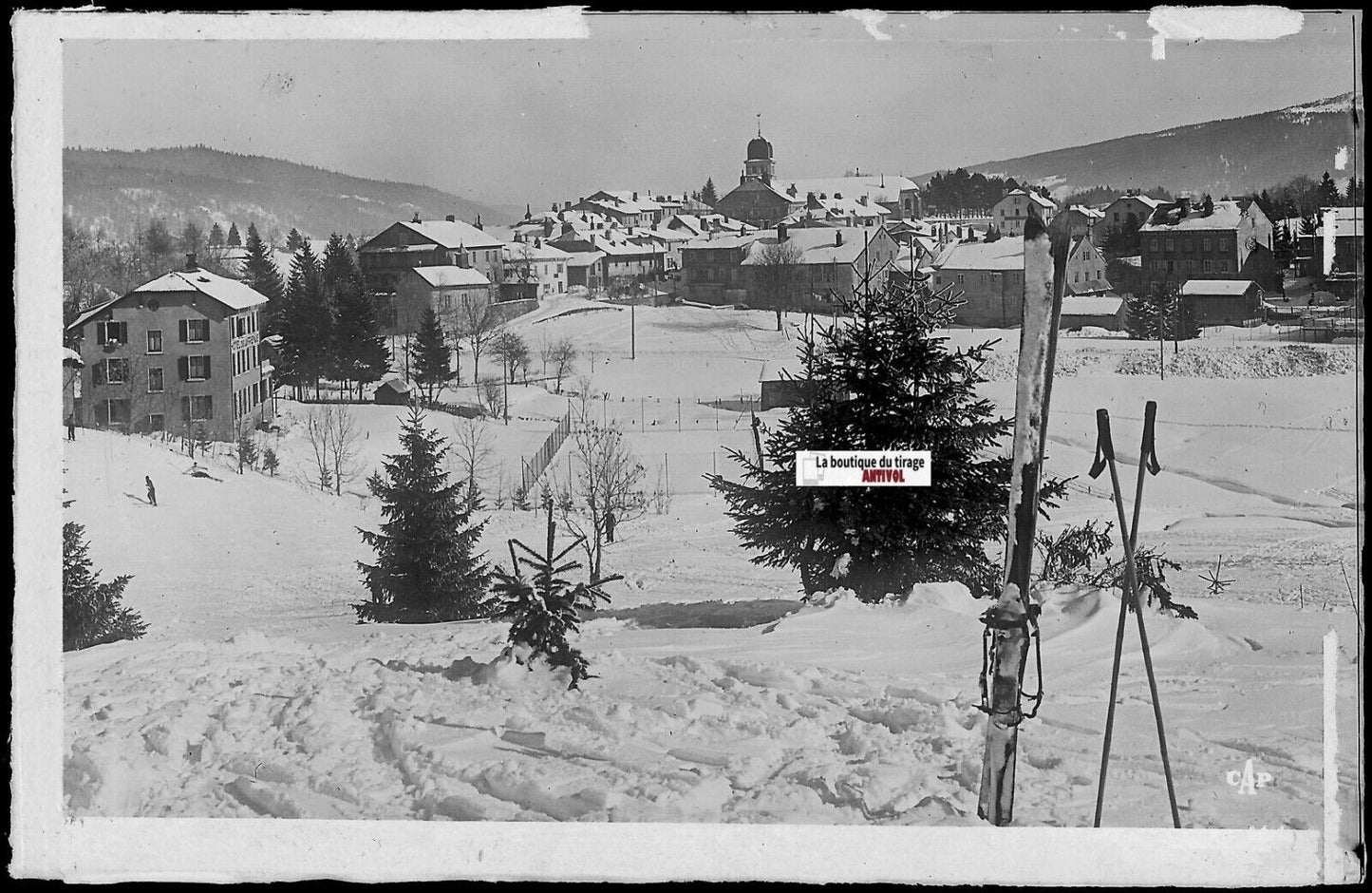 Les Rousses, neige, Plaque verre photo ancienne, négatif noir & blanc 9x14 cm