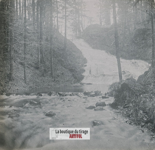 Cascade de Retournemer, plaque verre stéréo, photo ancienne 4,5x10,7 cm