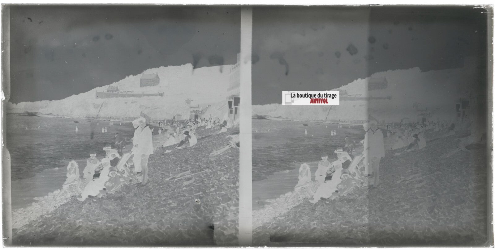 Perros-Guirec plage, Bretagne, stéréoscopie, photo plaque verre, négatif 9x18 cm