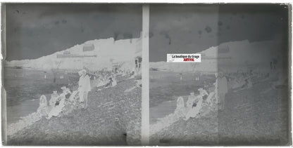 Perros-Guirec plage, Bretagne, stéréoscopie, photo plaque verre, négatif 9x18 cm