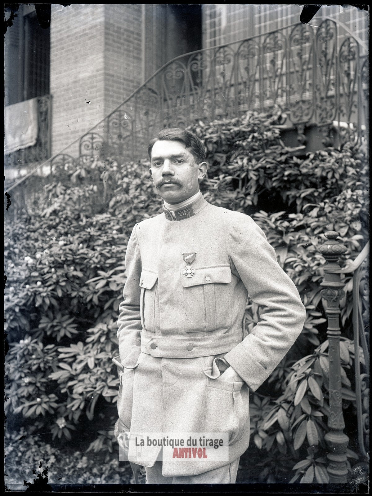 Officier du 26ᵉ régiment, soldat, plaque verre, photo ancienne, négatif 9x12 cm