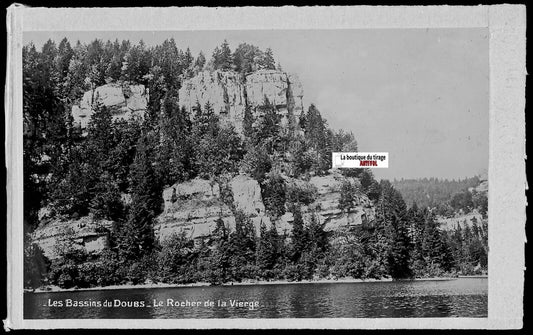 Plaque verre photo négatif noir & blanc 9x14 cm, Rocher de la Vierge, Doubs