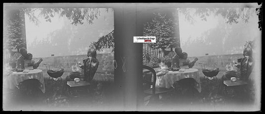 Scène de vie, Plaque verre photo stéréo, négatif noir & blanc 4,5x10,7 cm