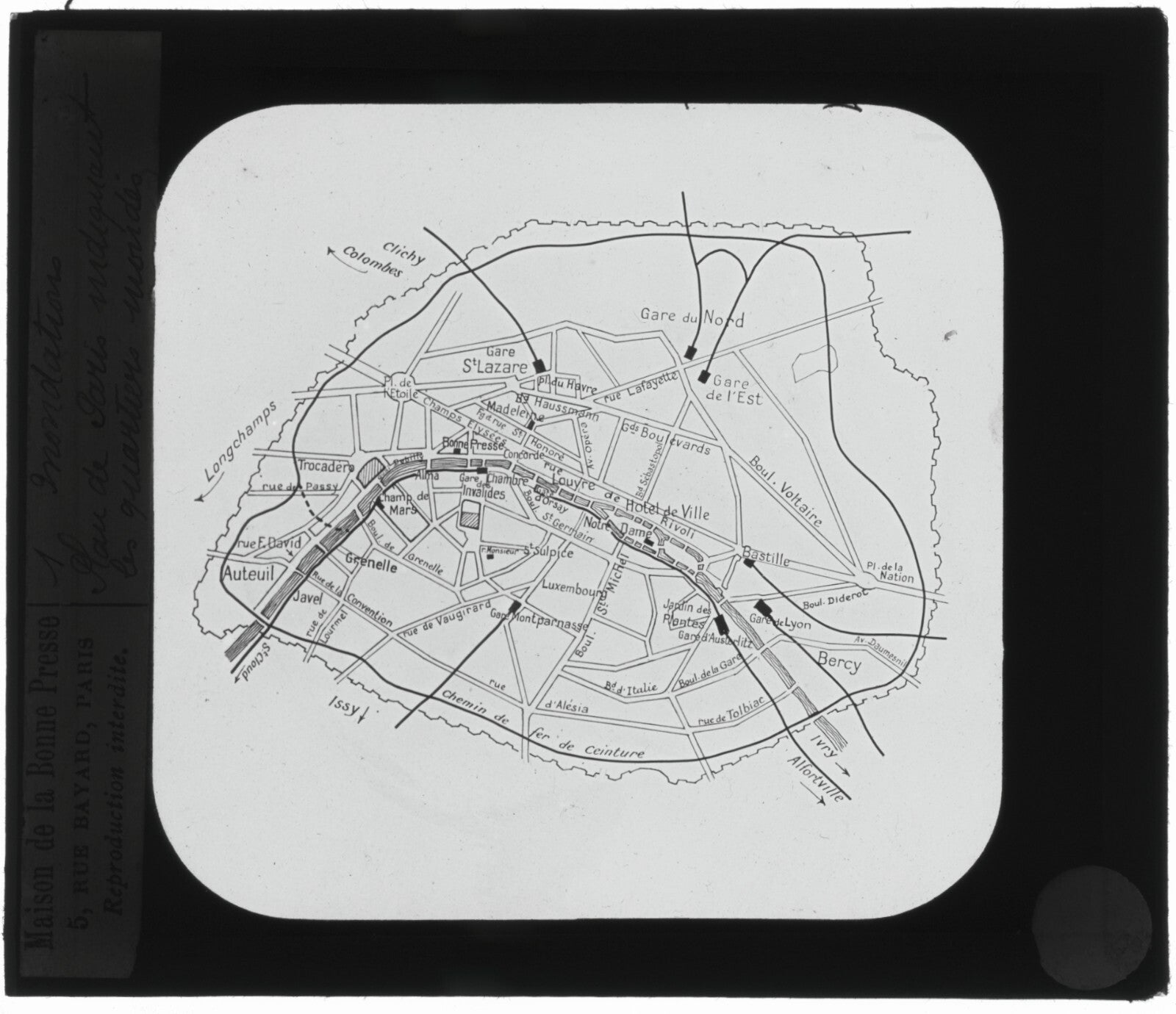 Plan quartiers inondés, inondations Paris, photo plaque verre, positif 8,5x10 cm