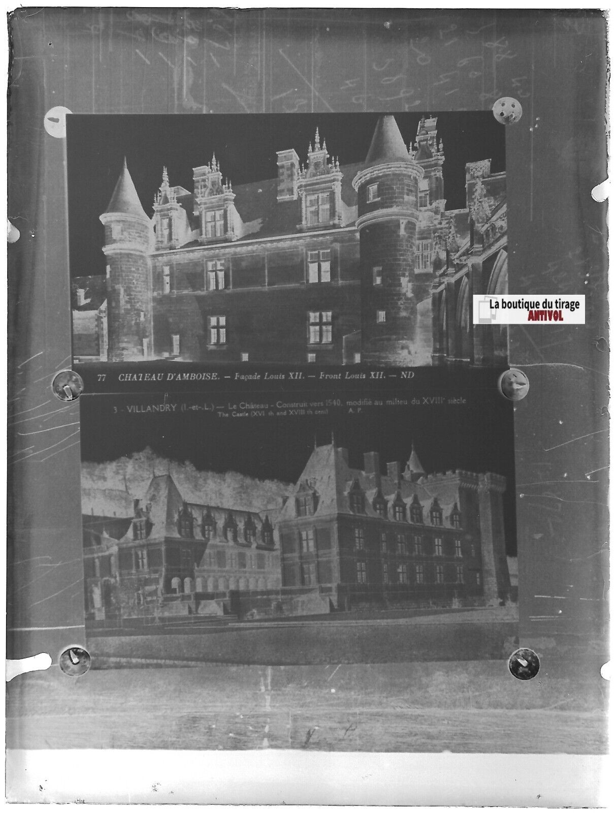 Amboise, Villandry, château, Plaque verre photo, négatif noir & blanc 9x12 cm