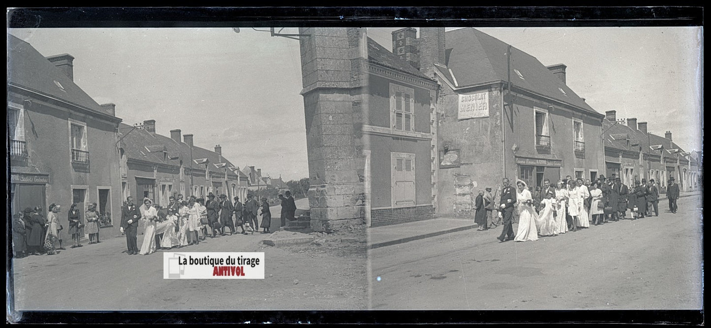 Mariage, village France, plaque verre, photo ancienne, négatif N&B 6x13 cm