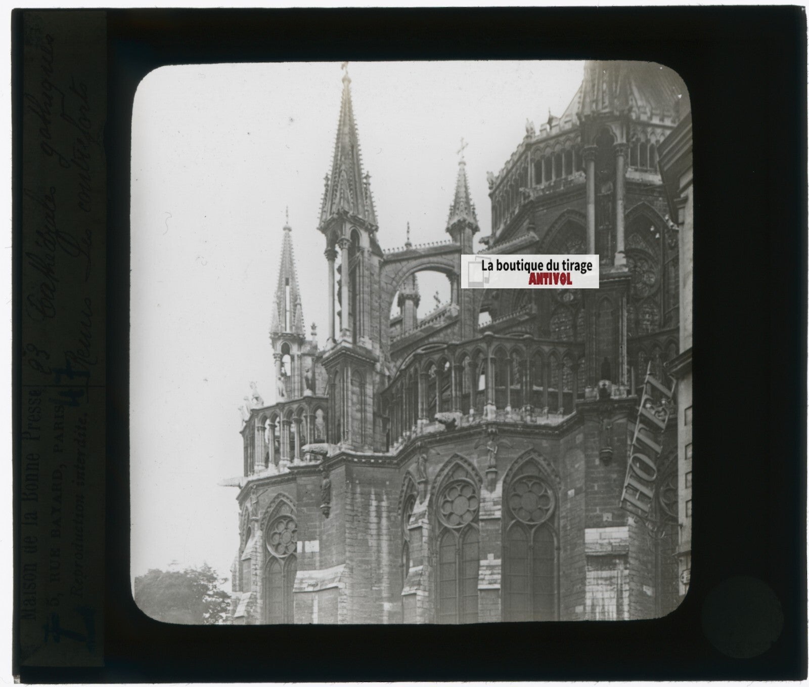Cathédrale de Reims France, photo plaque verre, noir & blanc, positif 8,5x10 cm
