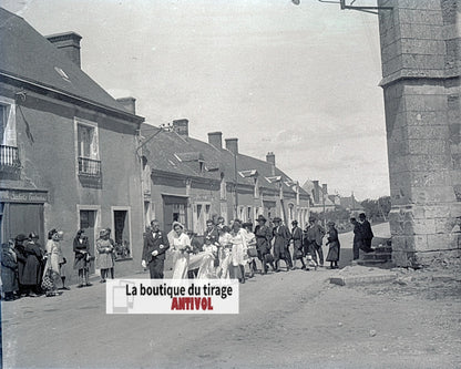 Mariage, village France, plaque verre, photo ancienne, négatif N&B 6x13 cm