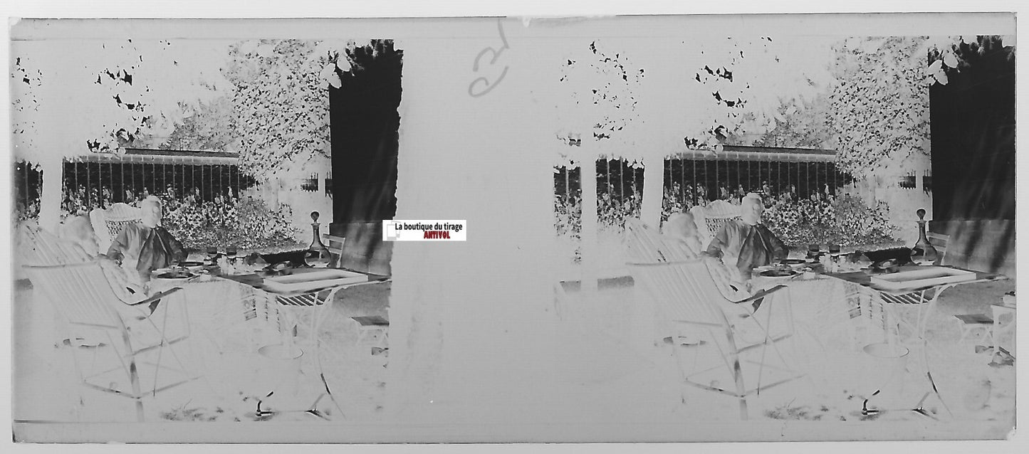 Apéritif, repas, Plaque verre photo stéréo, négatif noir & blanc 4,5x10,7 cm