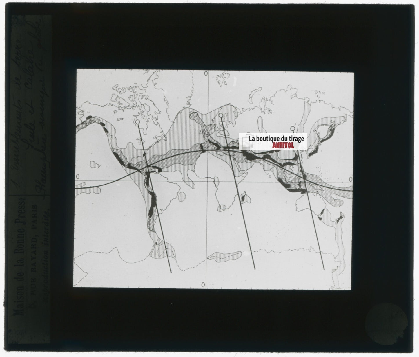 Carte zones volcaniques, photo plaque verre, noir & blanc, positif 8,5x10 cm