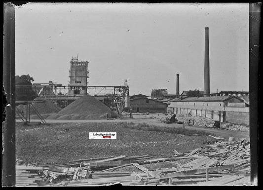 Entreprise, industrie, Plaque verre photo ancienne, négatif noir & blanc 6x9 cm