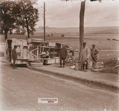 Dormans, camion militaire guerre WW1, plaque verre photo ancienne stéréo 6x13 cm