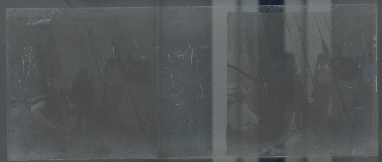 Bateau, voyage Maroc, Plaque verre stéréo, positif noir & blanc 4,5x10,7 cm