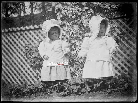 Plaque verre photo ancienne négatif noir et blanc 9x12 cm petites filles jardin