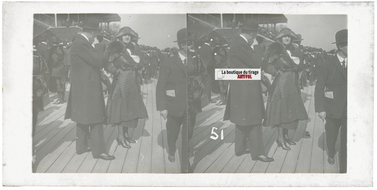 Scène de vie, Longchamp, Paris, plaque verre stéréoscopique, positif 8,5x17 cm