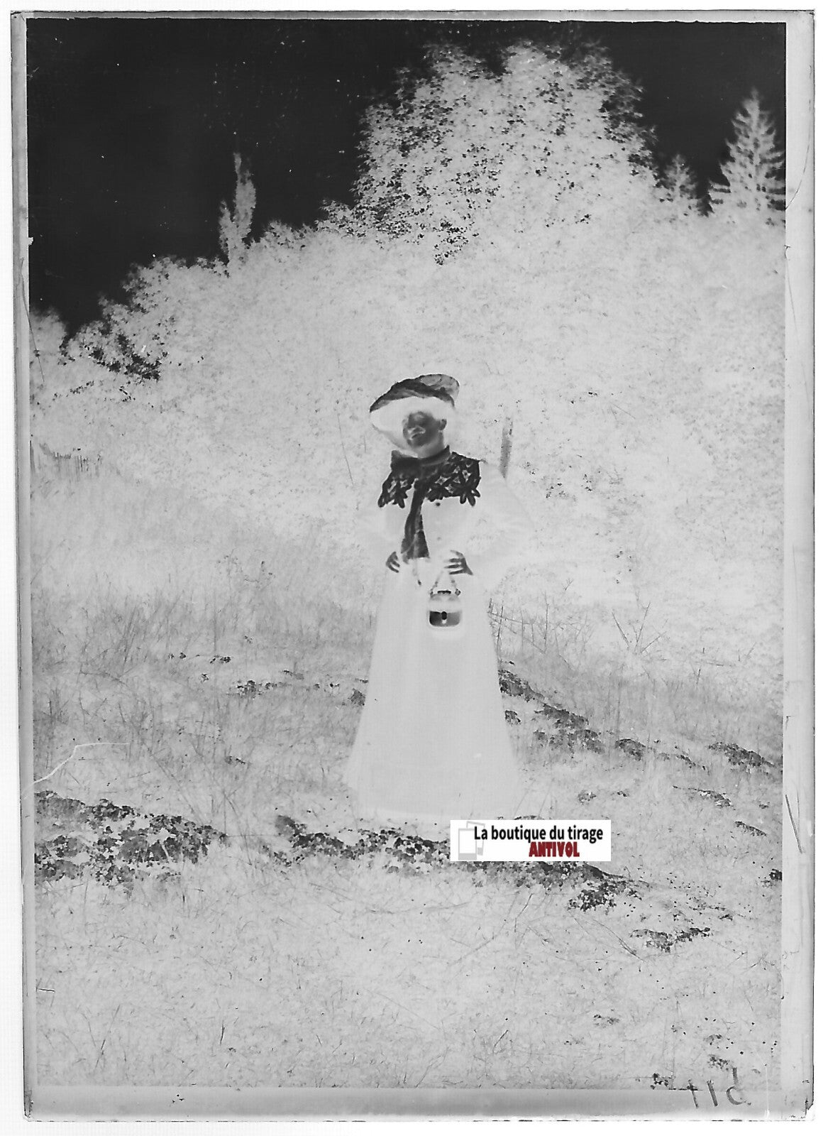 Femme, robe élégante, Plaque verre photo, négatif ancien noir & blanc 6x9 cm