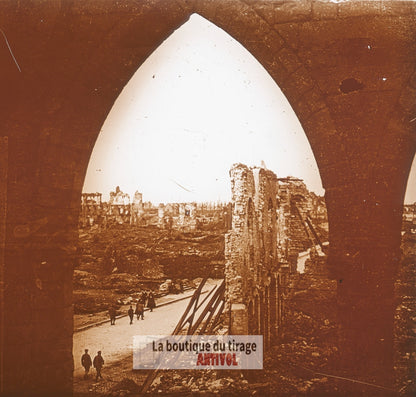 Ypres Belgique, ruines, guerre WW1, plaque verre photo ancienne stéréo 6x13 cm