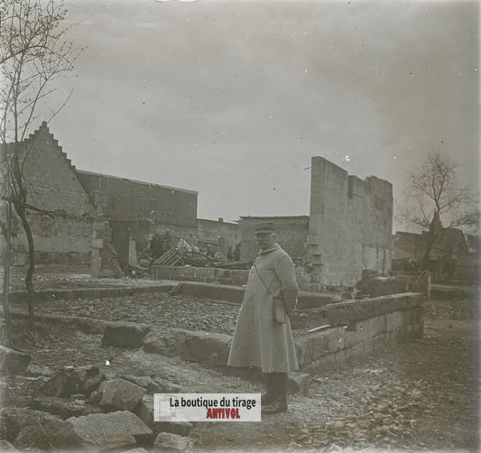 Ruines d'un village, guerre WW1, plaque verre photo ancienne stéréo 6x13 cm