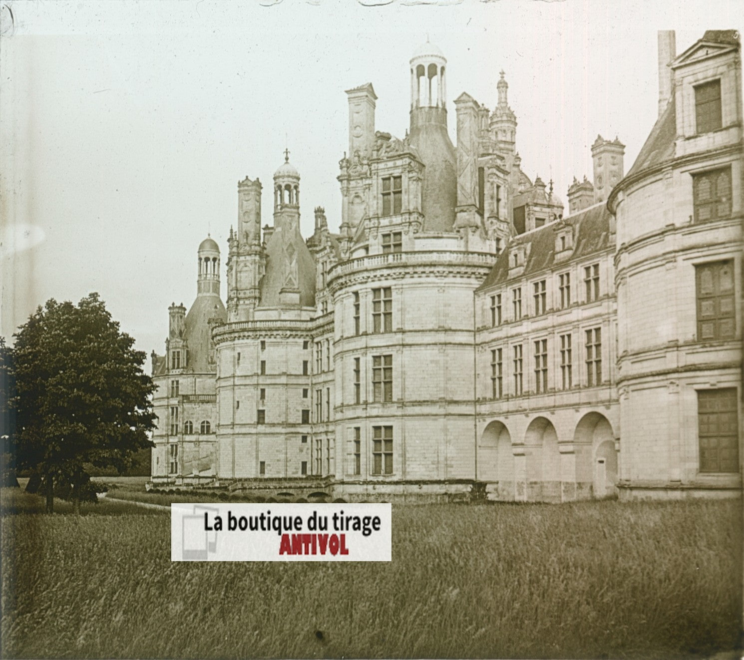 Château de Chambord, plaque verre, photo stéréoscopie, noir & blanc 6x13 cm